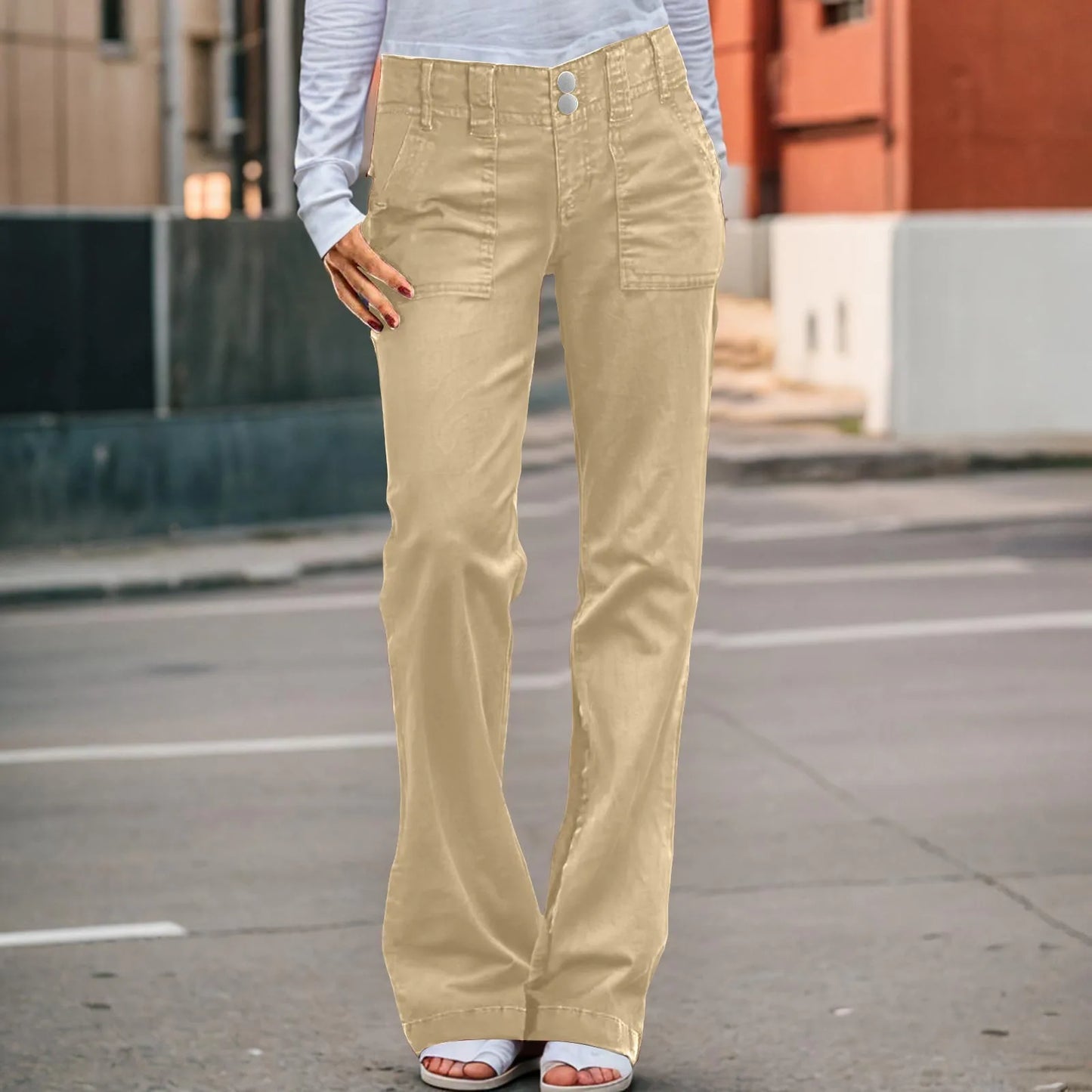 Twill Double Button Mid Rise Straight Leg Denim Jeans
