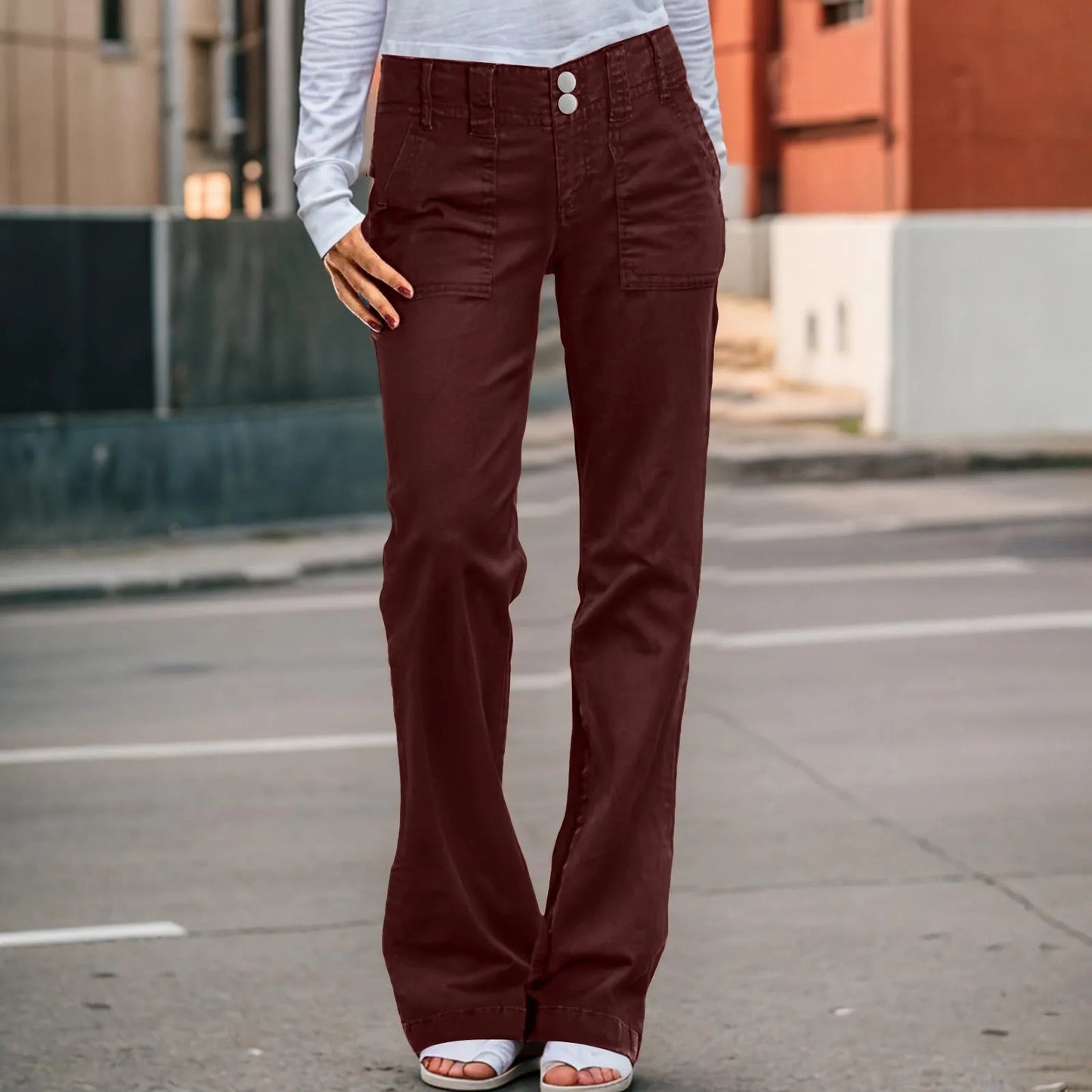 Twill Double Button Mid Rise Straight Leg Denim Jeans