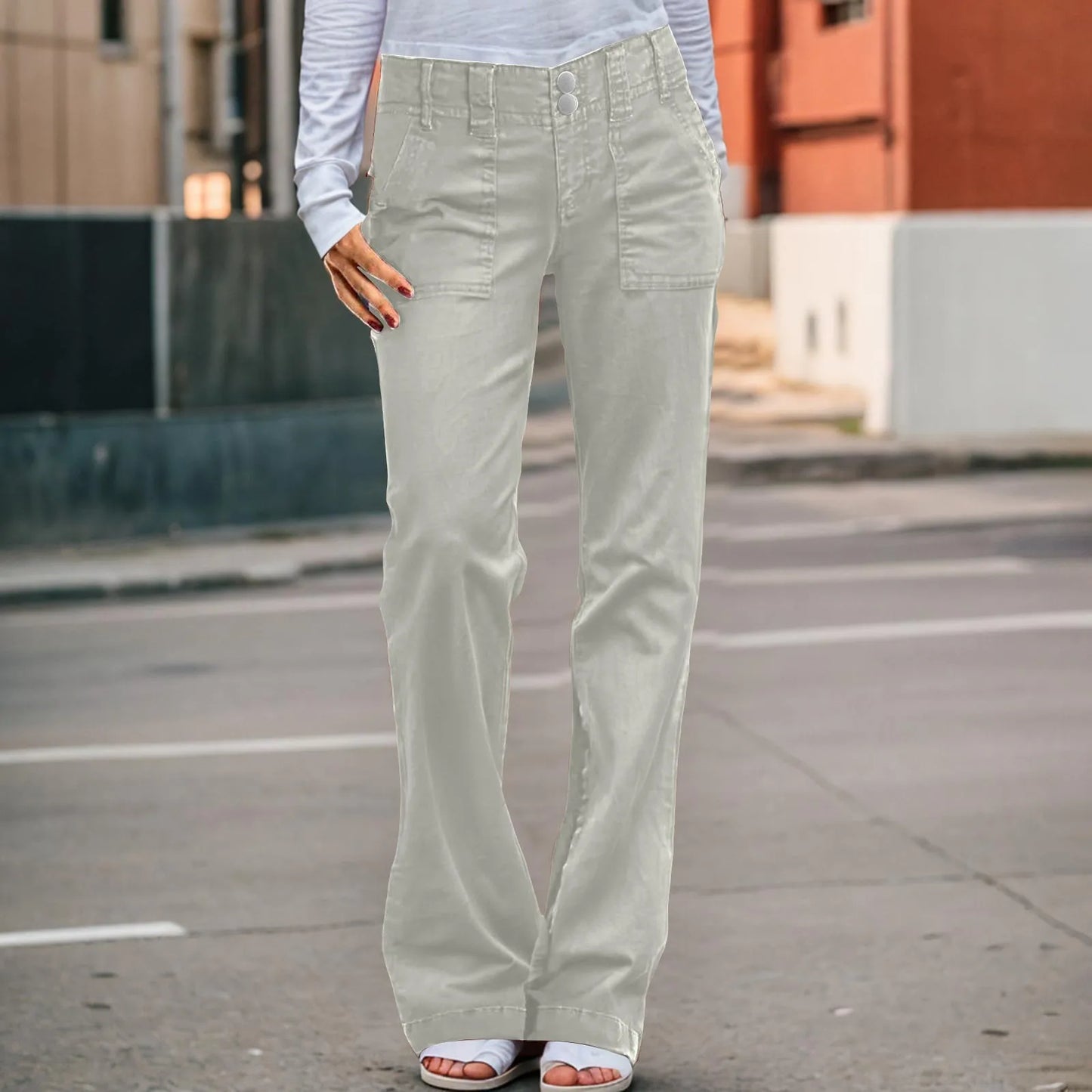 Twill Double Button Mid Rise Straight Leg Denim Jeans