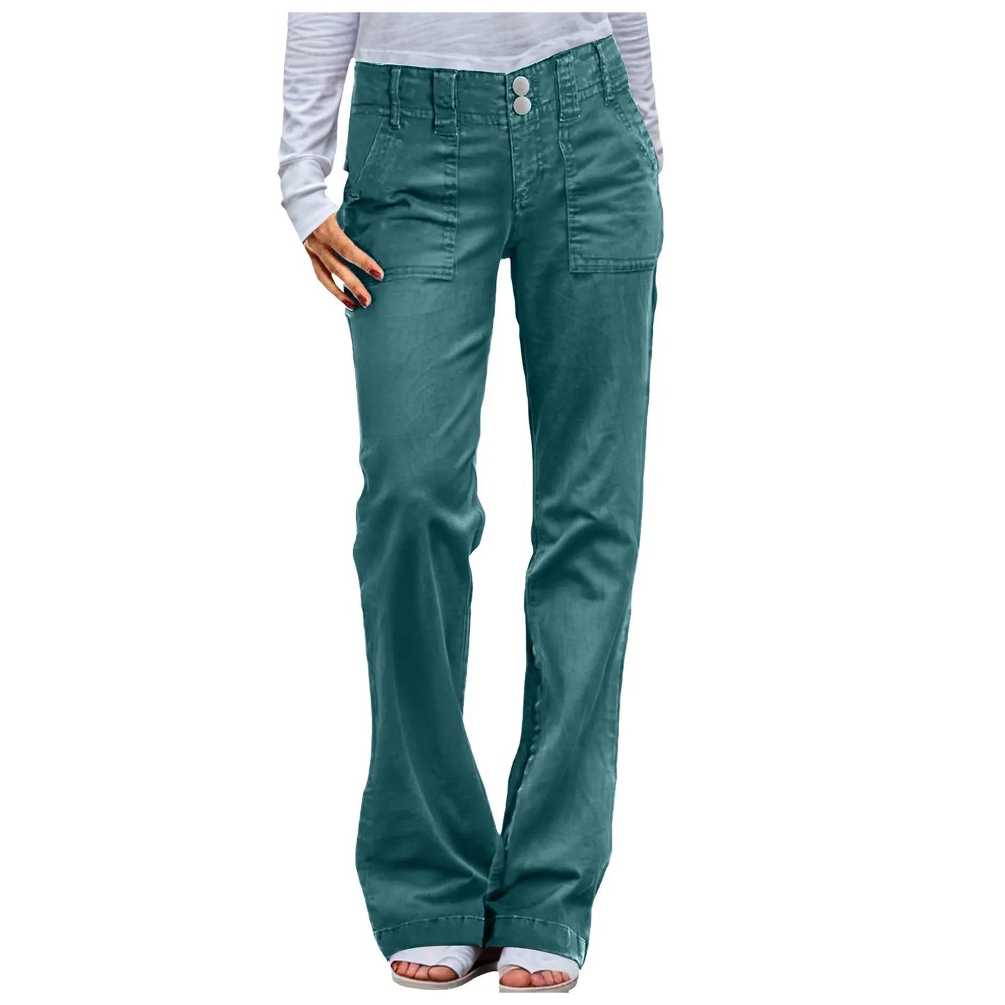 Twill Double Button Mid Rise Straight Leg Denim Jeans