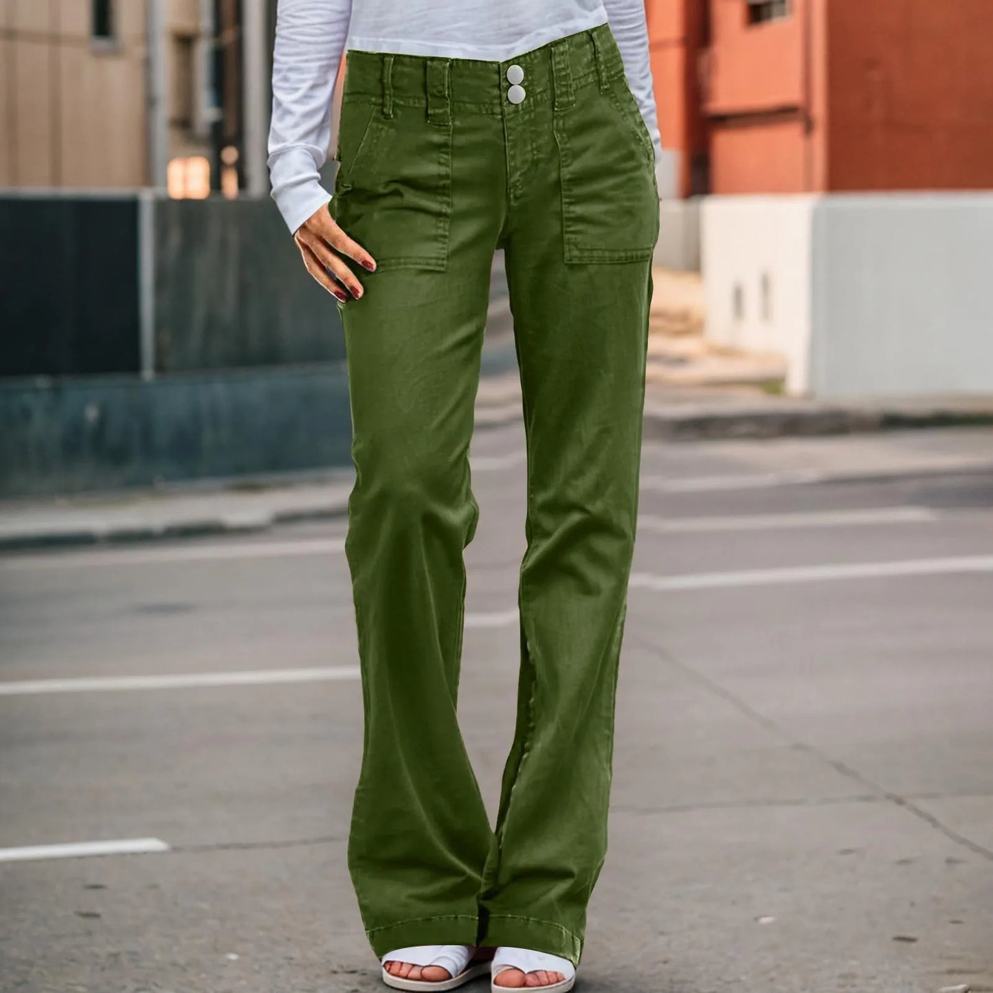 Twill Double Button Mid Rise Straight Leg Denim Jeans