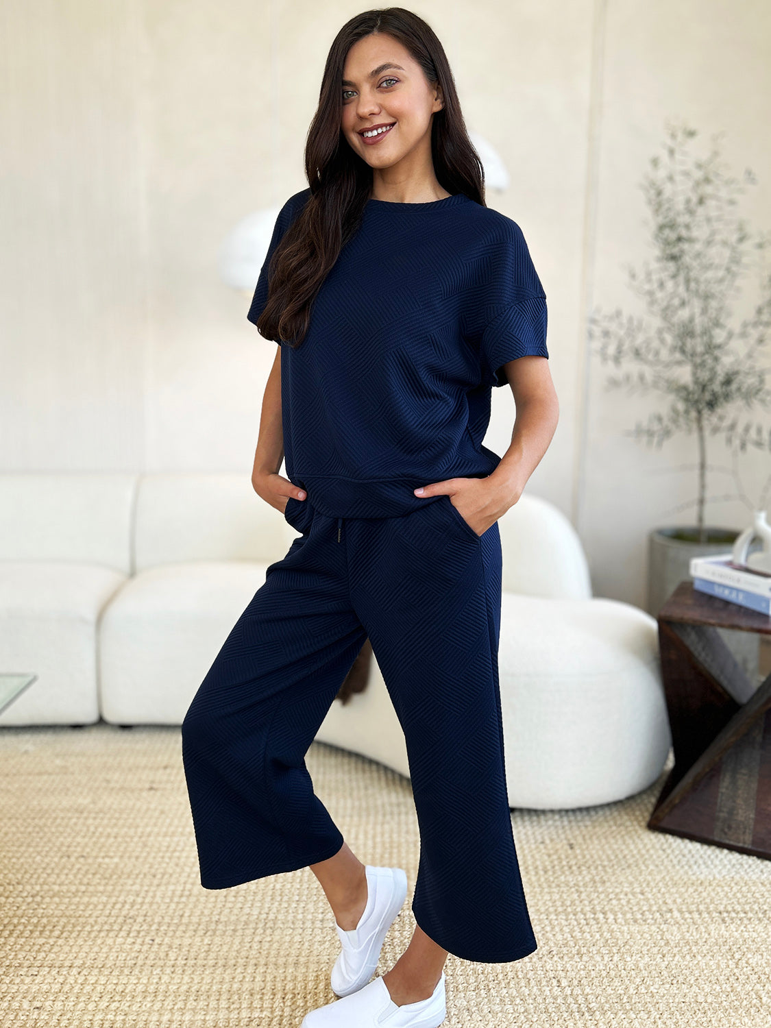 Adventure In Texture Short Sleeve Top and Pants Set - Bee Creek Apparel