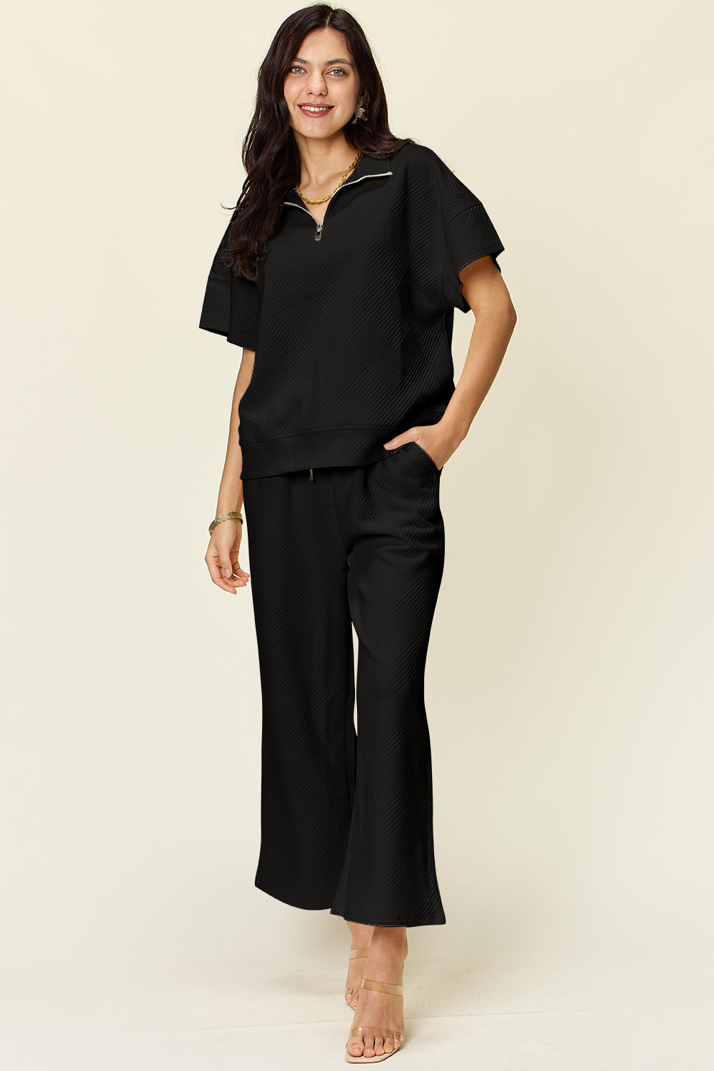 Texture Half Zip Short Sleeve Top and Pants Set - Bee Creek Apparel