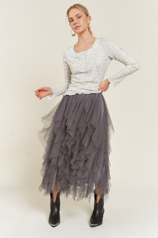 Polka Dot Mesh Lined A-Line Midi Skirt