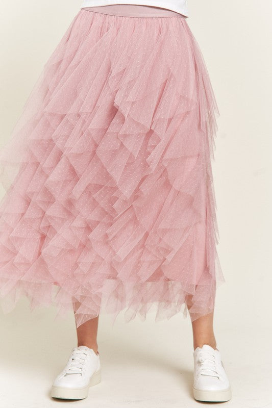 Polka Dot Mesh Lined A-Line Midi Skirt