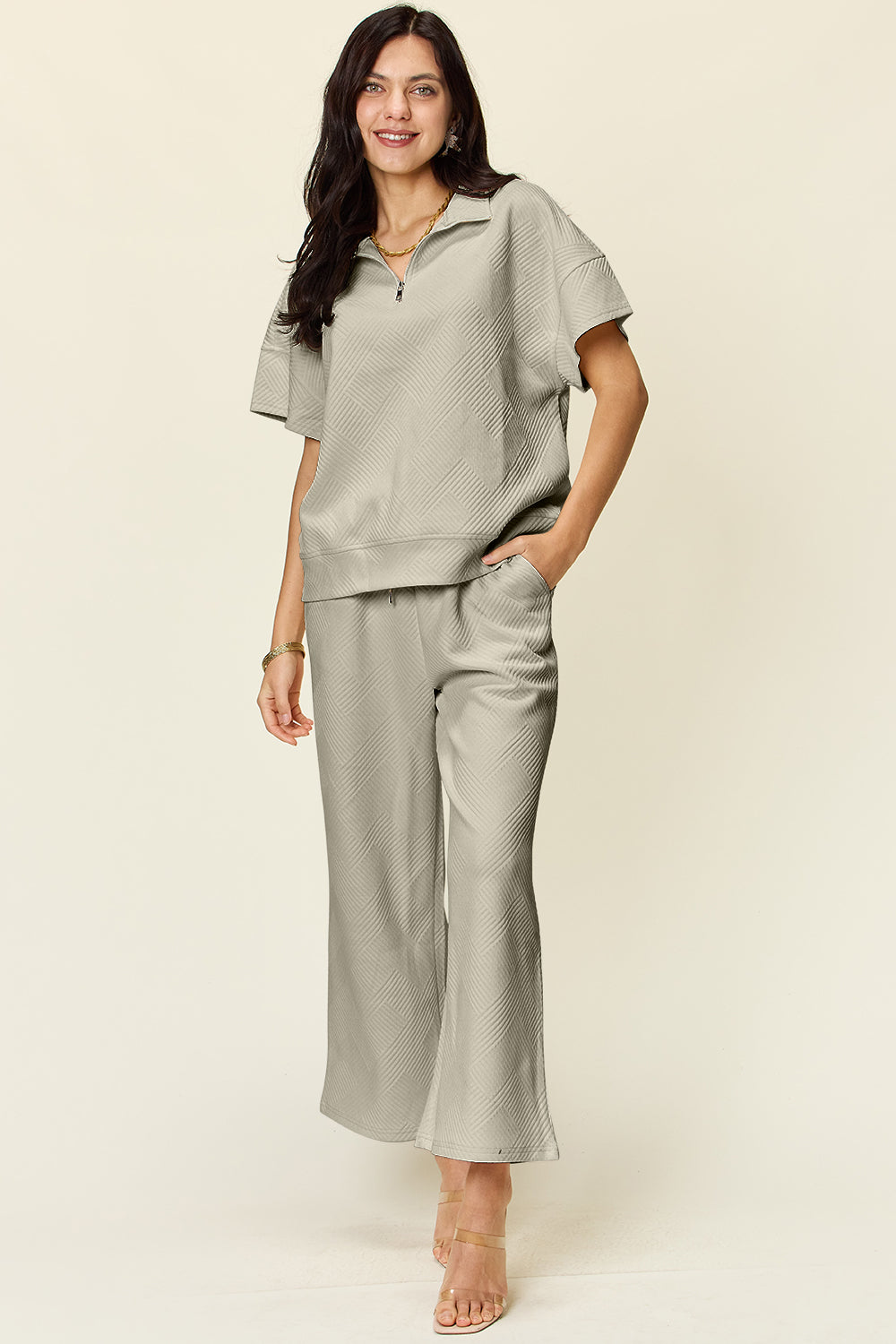 Texture Half Zip Short Sleeve Top and Pants Set - Bee Creek Apparel