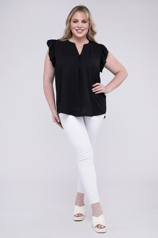 Discover Woven Wool Peach Ruffled Sleeve High-Low Top - Bee Creek Apparel