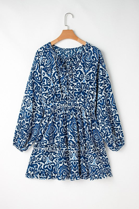 Print Lace-up V Neck Long Sleeve Mini Dress - Bee Creek Apparel