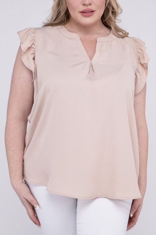 Discover Woven Wool Peach Ruffled Sleeve High-Low Top - Bee Creek Apparel
