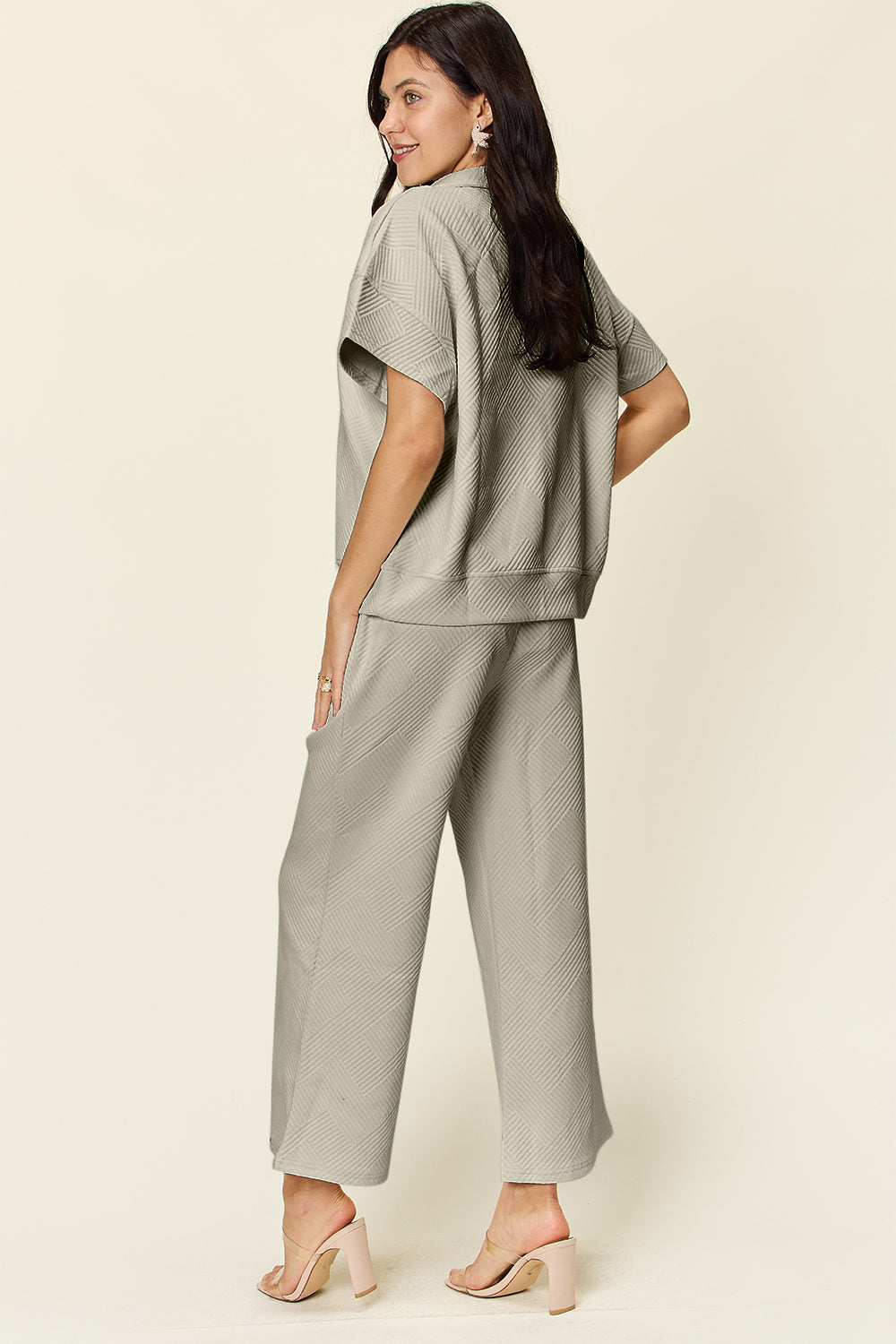 Texture Half Zip Short Sleeve Top and Pants Set - Bee Creek Apparel