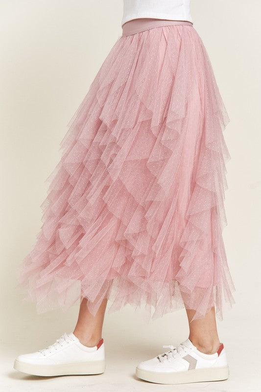 Polka Dot Mesh Lined A-Line Midi Skirt