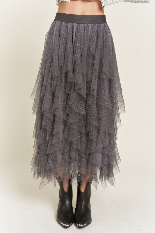 Polka Dot Mesh Lined A-Line Midi Skirt