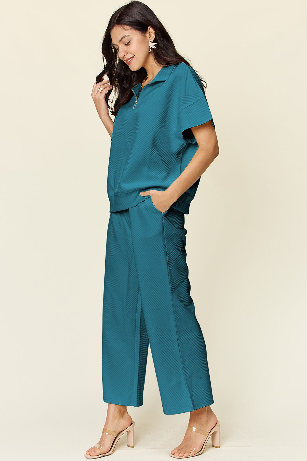 Texture Half Zip Short Sleeve Top and Pants Set - Bee Creek Apparel