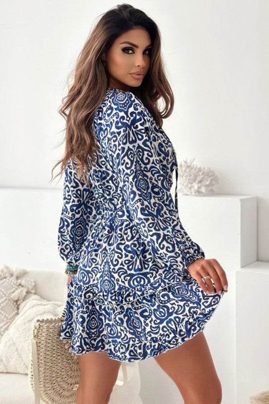 Print Lace-up V Neck Long Sleeve Mini Dress - Bee Creek Apparel