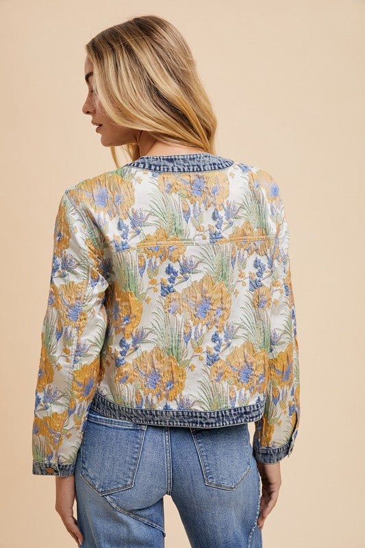 Floral Denim Contrast Button Down Jacket