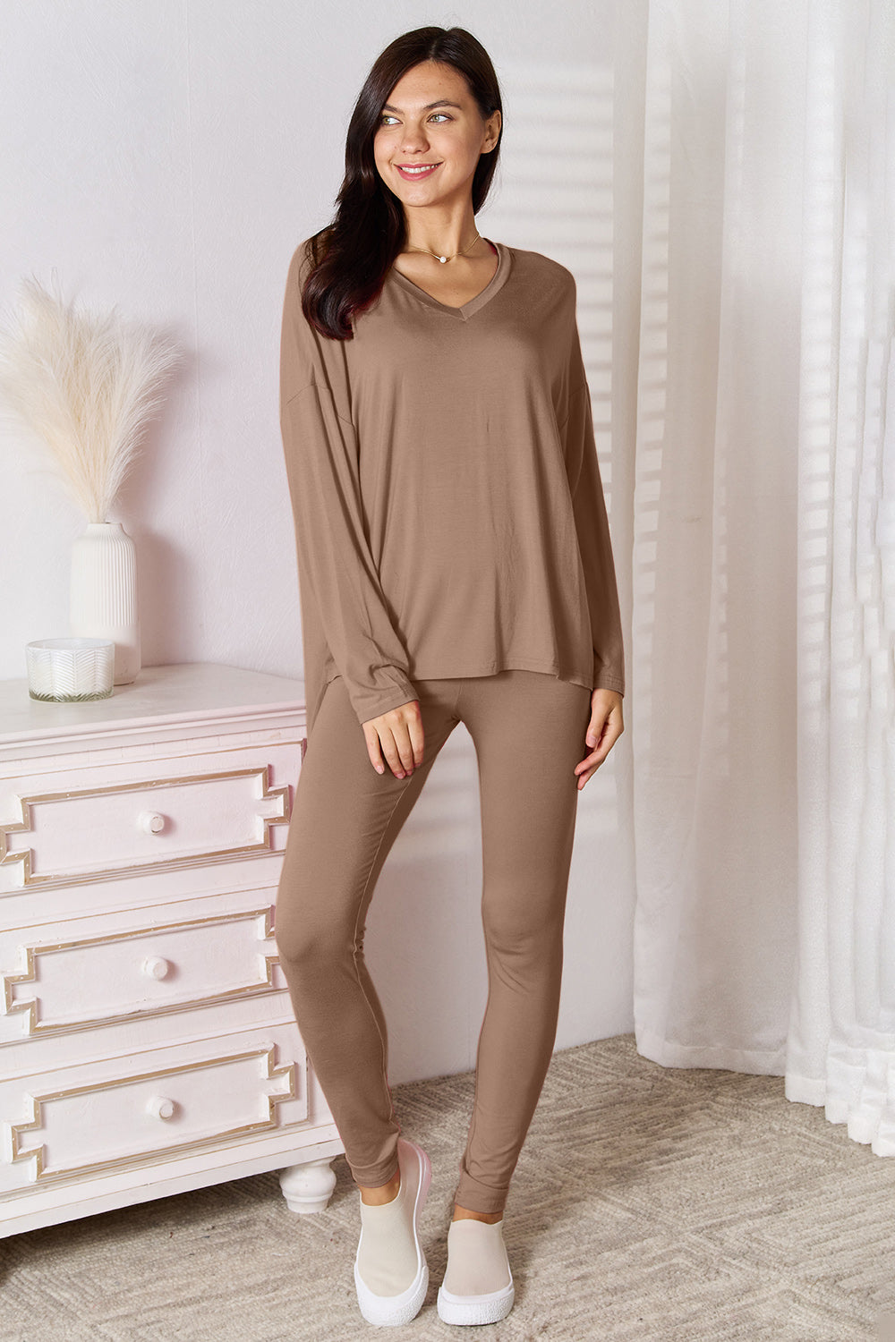 Go Basic With Our V-Neck Soft Rayon Long Sleeve Top and Pants Activewear Set - Bee Creek Apparel