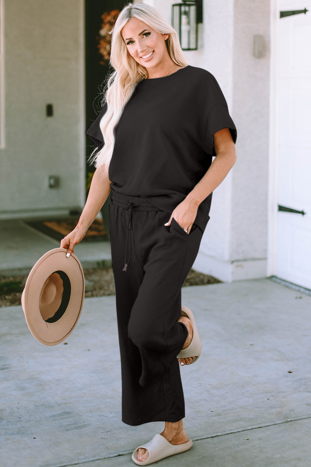 Adventure In Texture Short Sleeve Top and Pants Set - Bee Creek Apparel