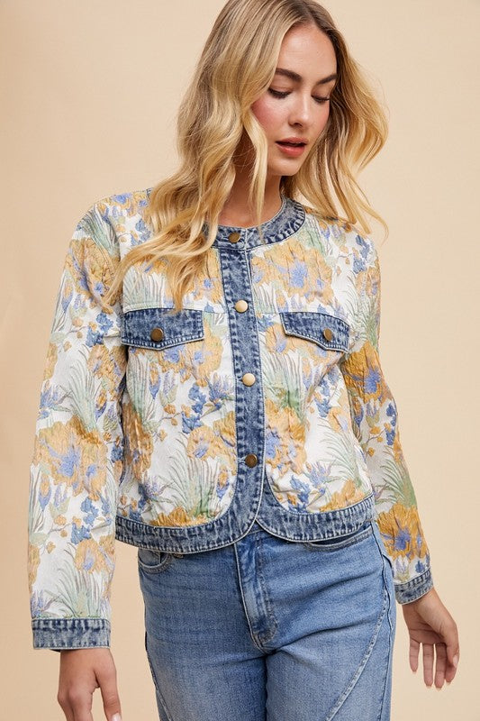 Floral Denim Contrast Button Down Jacket
