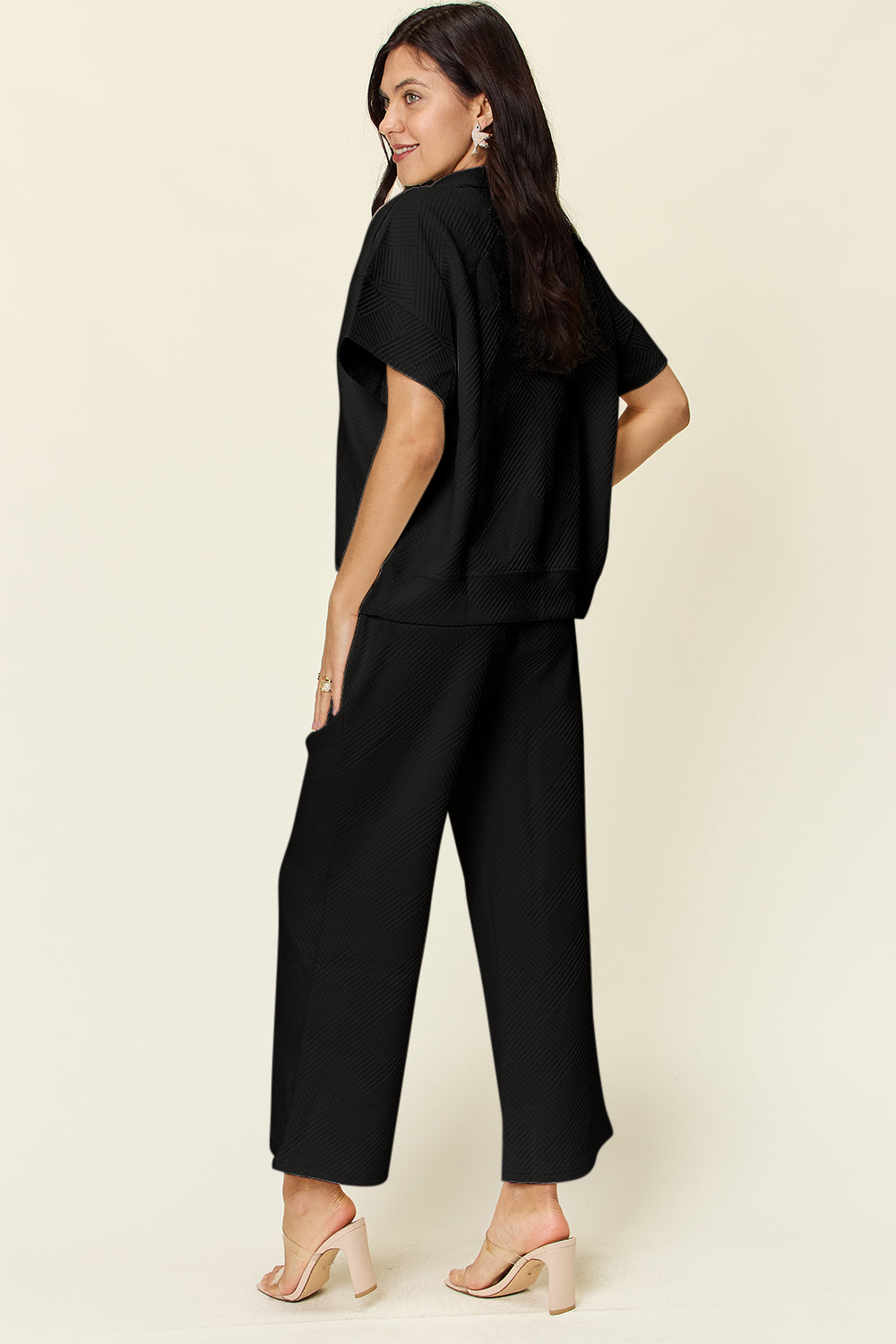 Texture Half Zip Short Sleeve Top and Pants Set - Bee Creek Apparel