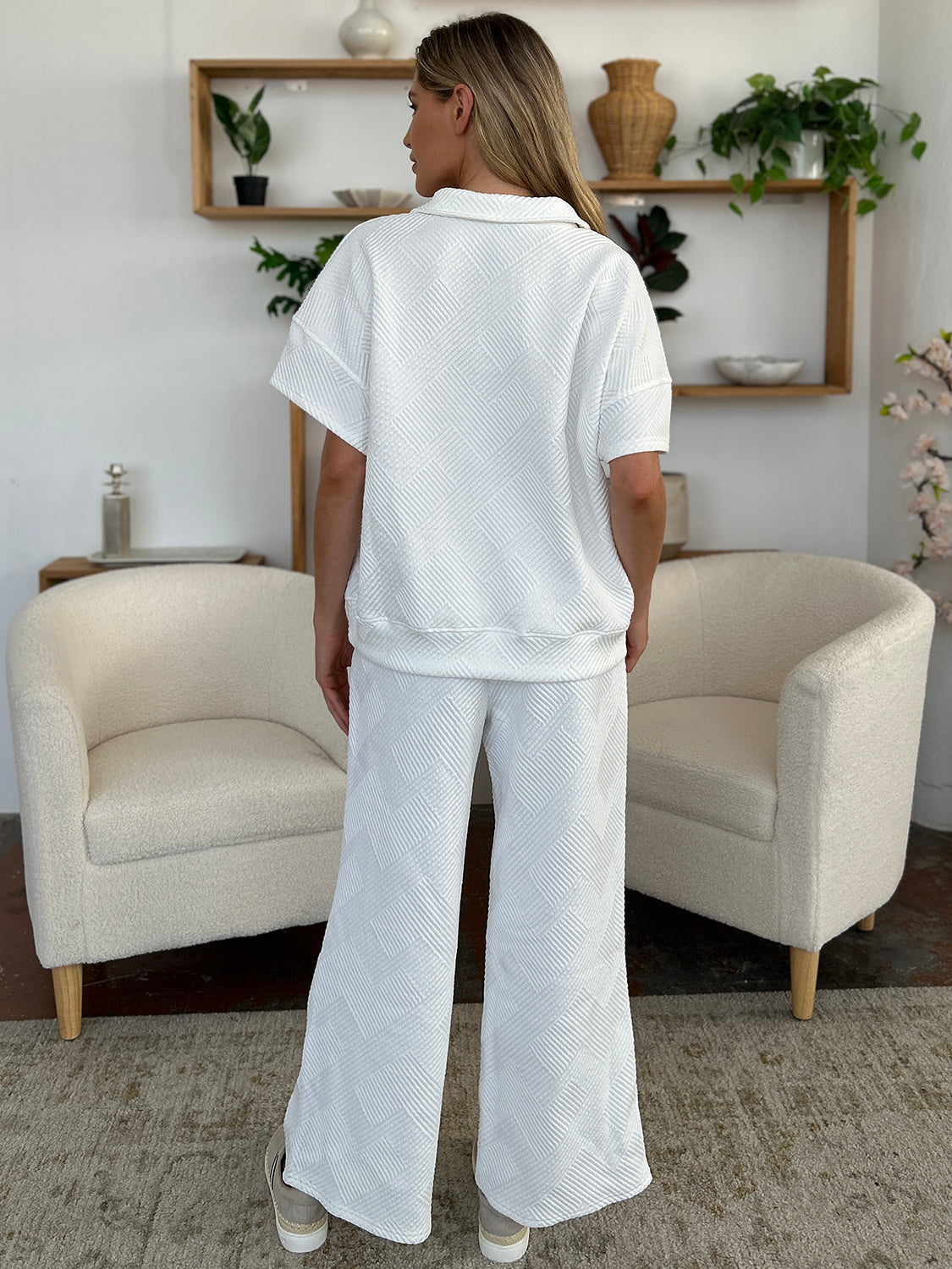 Texture Half Zip Short Sleeve Top and Pants Set - Bee Creek Apparel