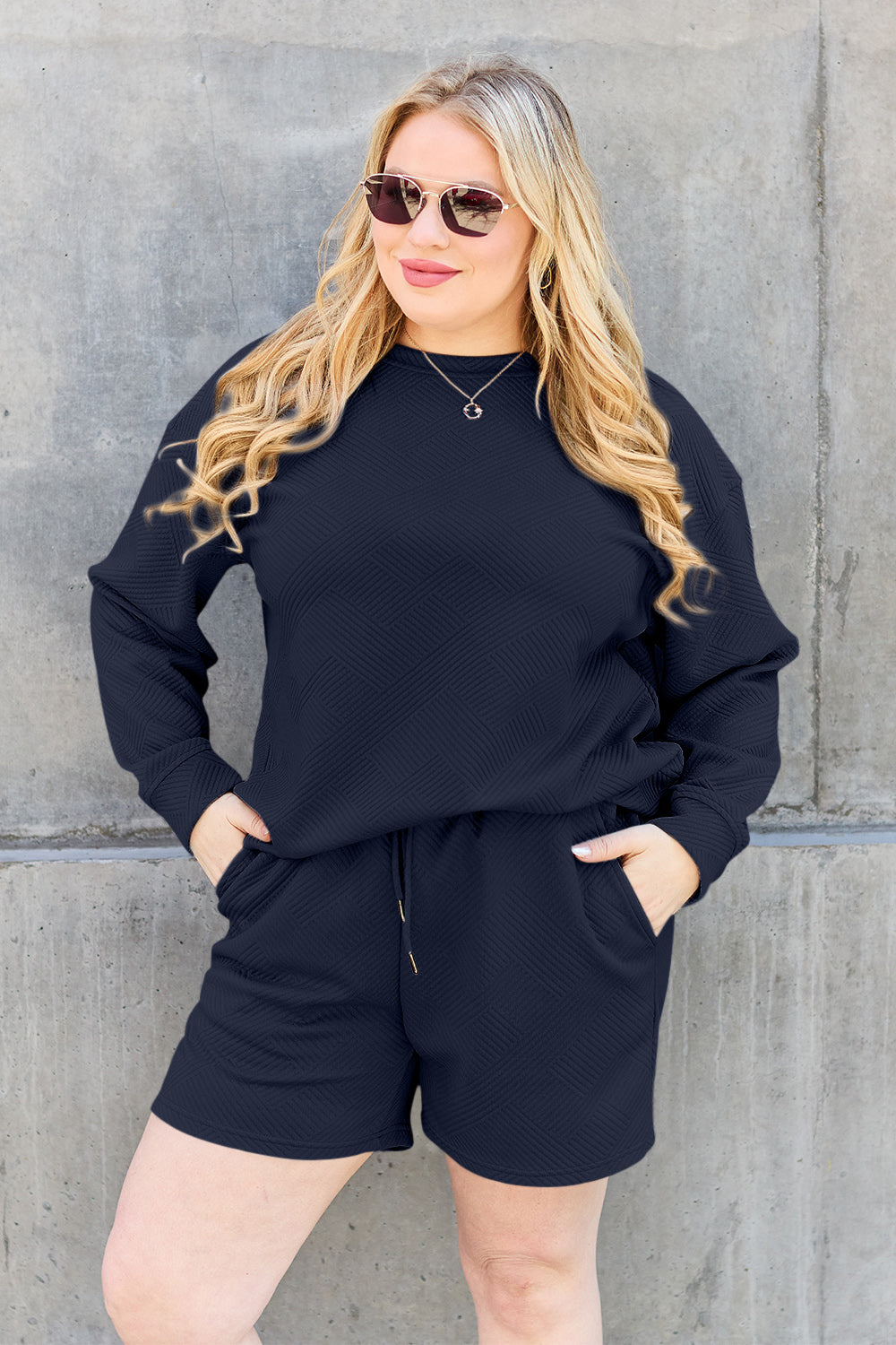 On The Go Texture Long Sleeve Top and Drawstring Shorts Set - Bee Creek Apparel