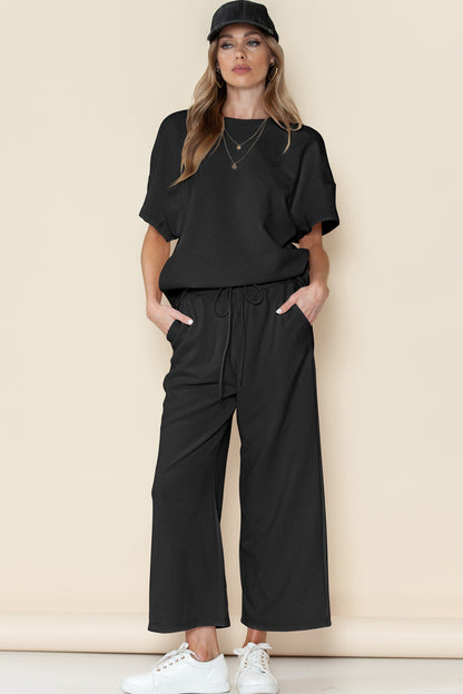 Textured Loose Fit T Shirt & Drawstring Pants Set