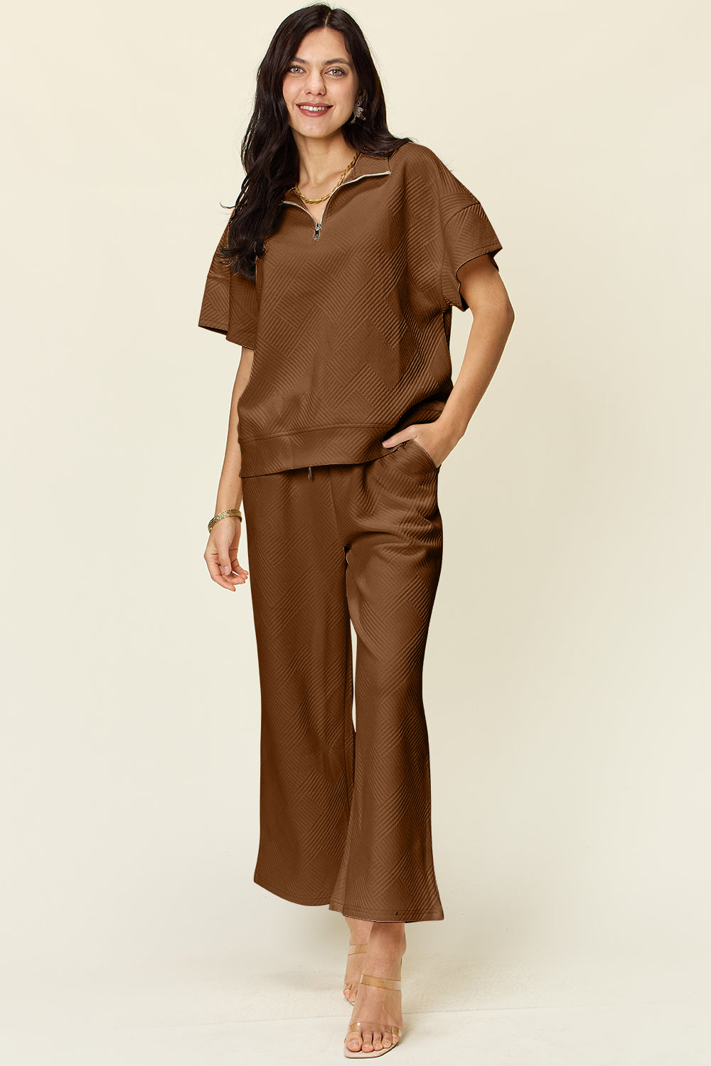 Do A Double Take Texture Half Zip Short Sleeve Top and Pants Set