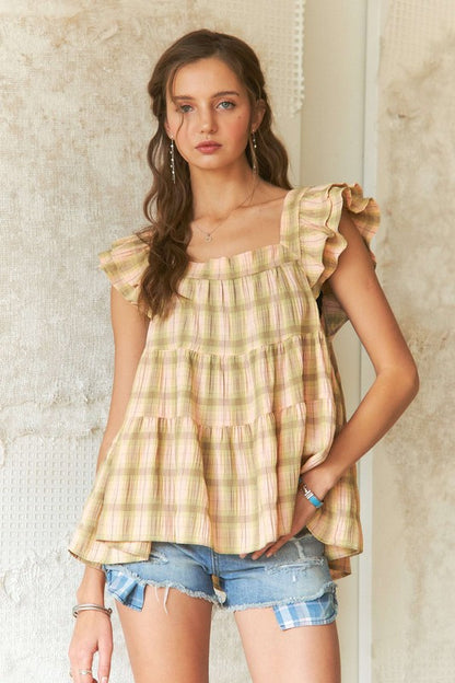 Baby Doll Ruffled Square Neck Cap Sleeve Blouse