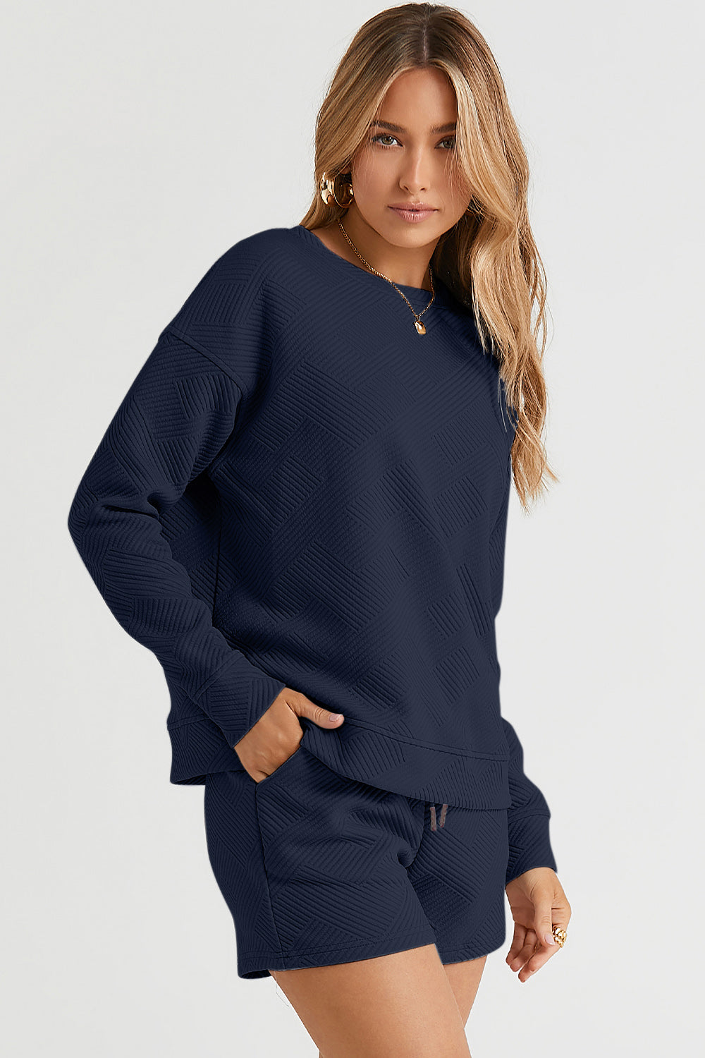 On The Go Texture Long Sleeve Top and Drawstring Shorts Set - Bee Creek Apparel