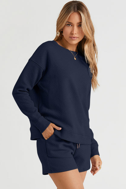 On The Go Texture Long Sleeve Top and Drawstring Shorts Set - Bee Creek Apparel