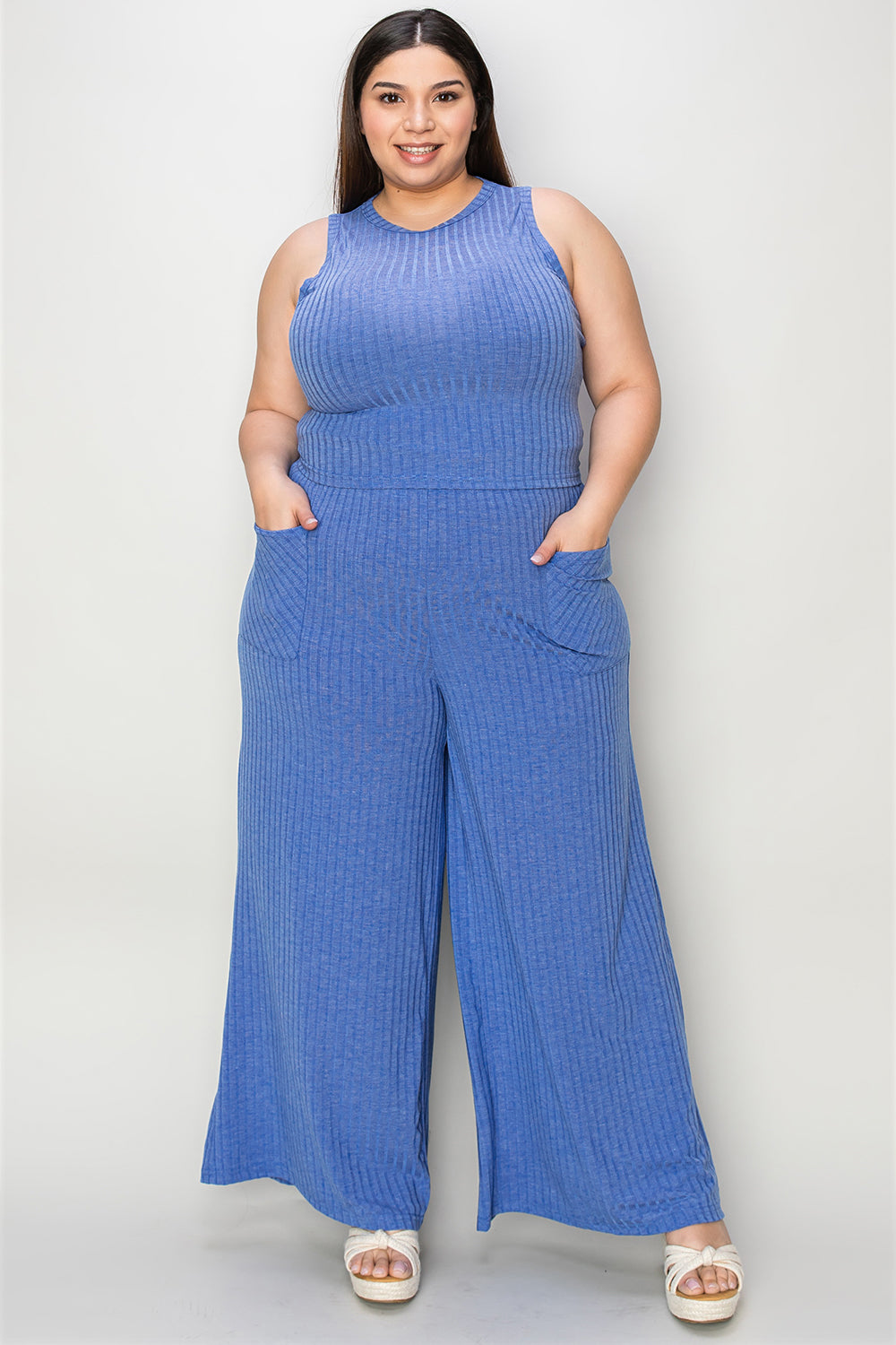 Basic Bee Ribbed Tank and Wide Leg Pants Set