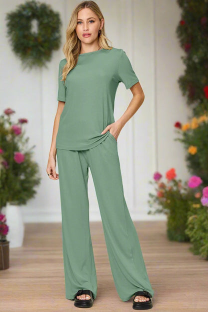 Bee Comfortable In This Round Neck Short Sleeve T-Shirt and Wide Leg Pants Set