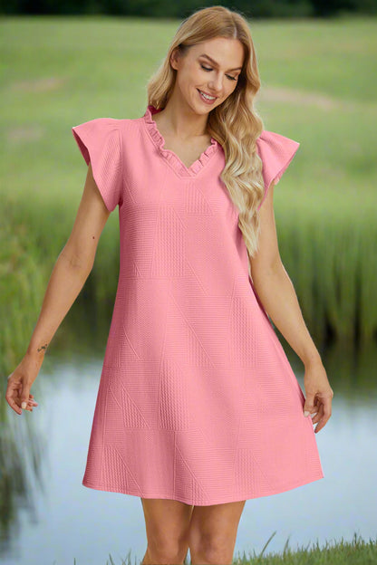 Double Take Full Size Ruffled V-Neck Cap Sleeve Dress