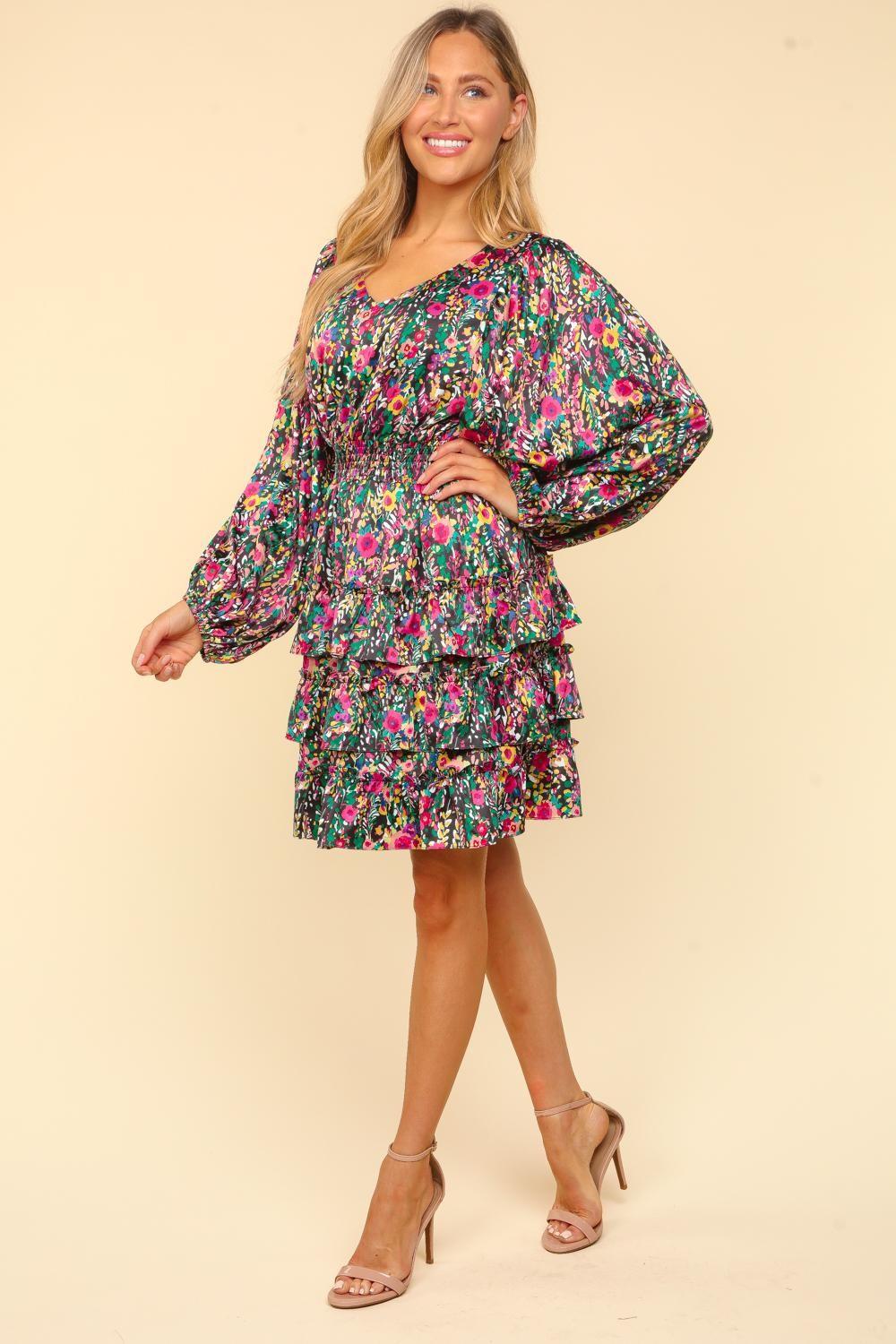 Bee Festive With This V-Neck Satin Floral Layered Dress