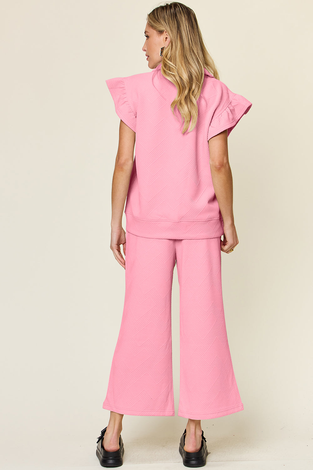 Our  Ruffle Short With Top and Drawstring Wide Leg Pant Set