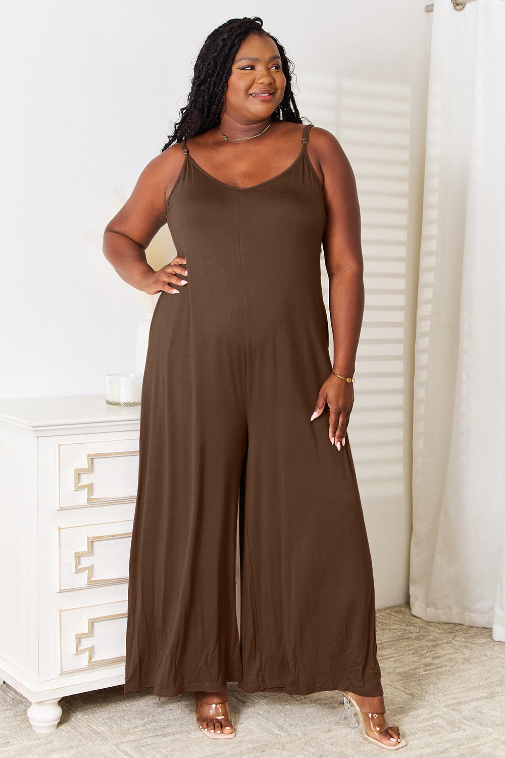 Do A Double Take In This Trendy Rayon Spaghetti Strap Wide Leg Jumpsuit