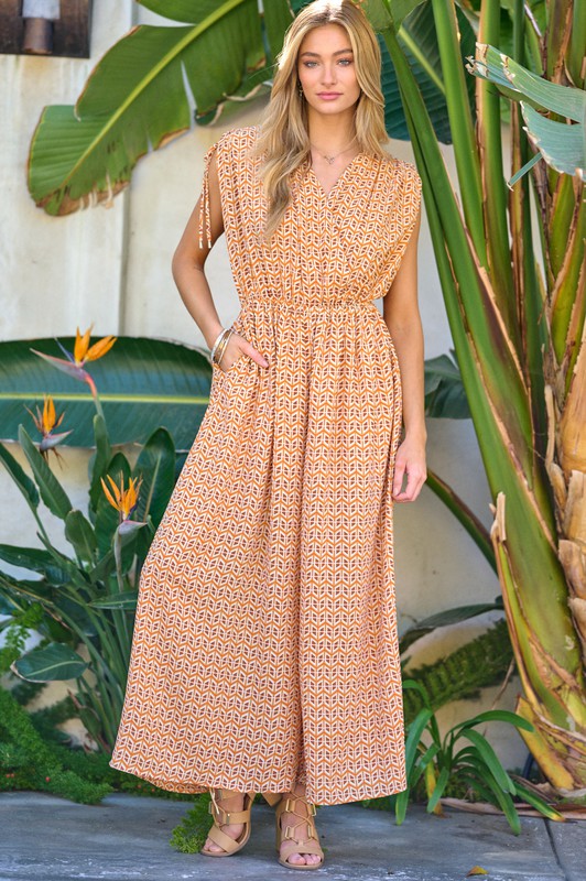 Printed V-Neck Sleeveless Jumpsuit - Bee Creek Apparel