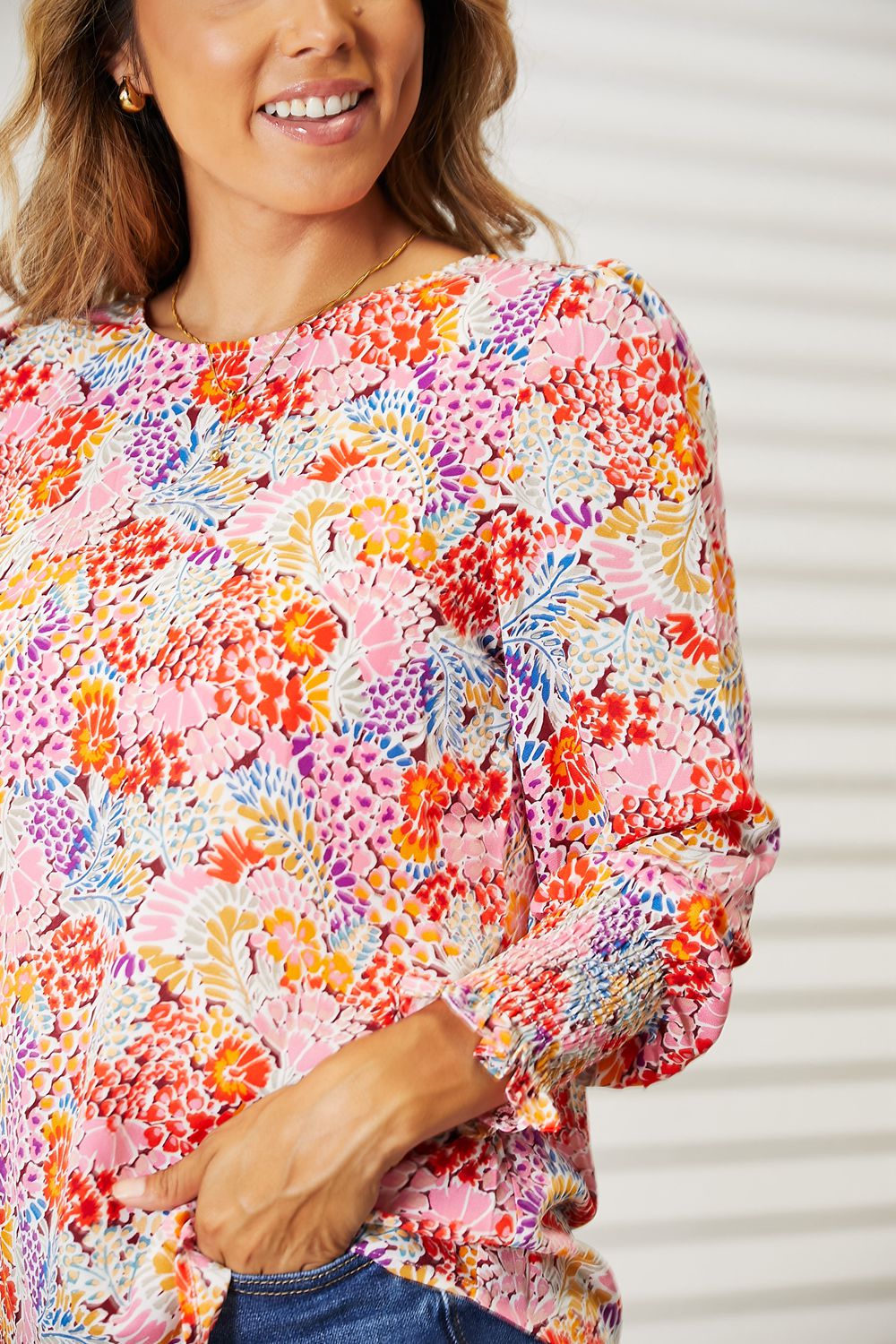 Bee Ready With This Floral Print Long Puff Sleeve Blouse