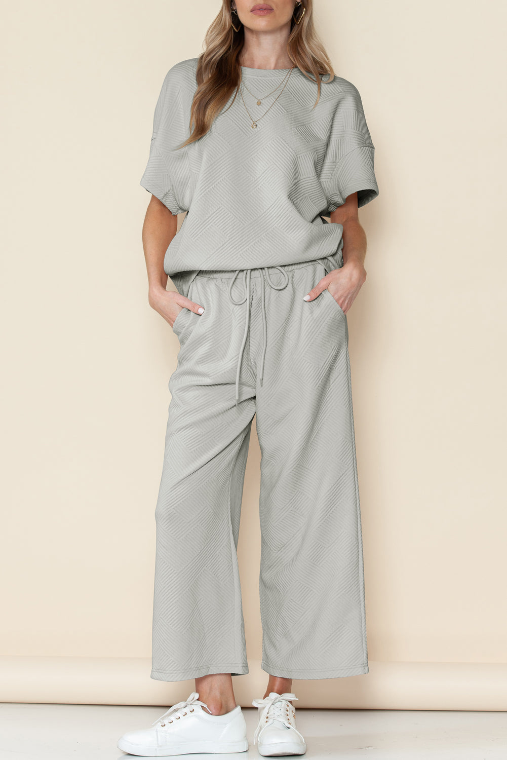 Textured Loose Fit T Shirt & Drawstring Pants Set