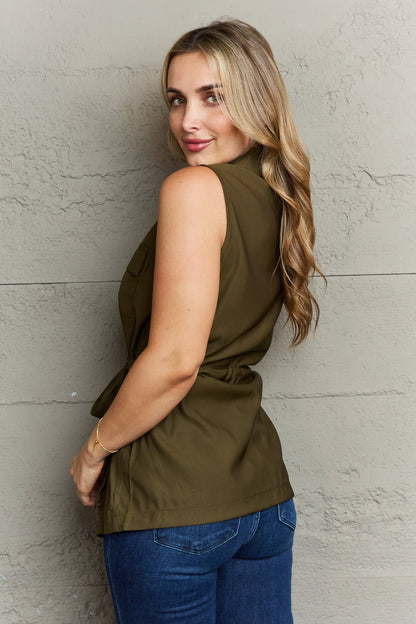 This Stylish Sleeveless Collared Button Down Top in Army Green