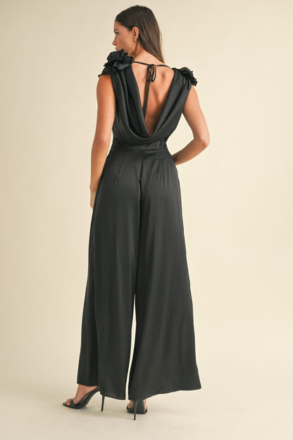 Try On This Stunning Satin And Embellished Floral Applique Cowl Neck Jumpsuit