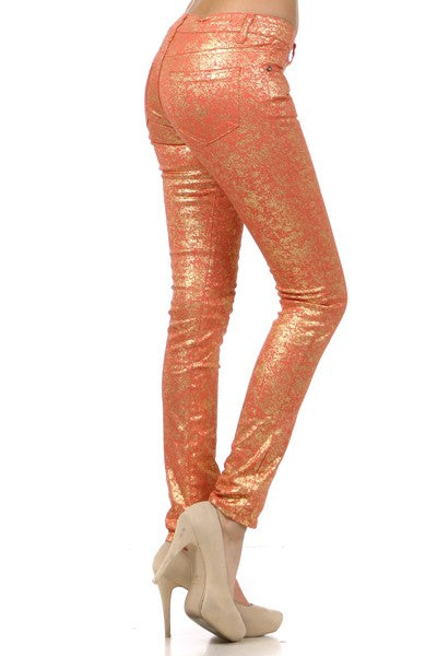 Step Into Style With These Low Rise Metallic Print Skinny Jeans Pants