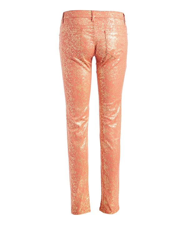 Step Into Style With These Low Rise Metallic Print Skinny Jeans Pants