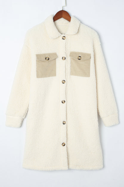 Blue Contrast Flap Pocket Single Breasted Teddy Coat