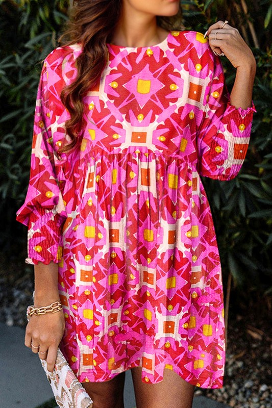 Geometric Print Smocked Long Sleeve Mini Dress