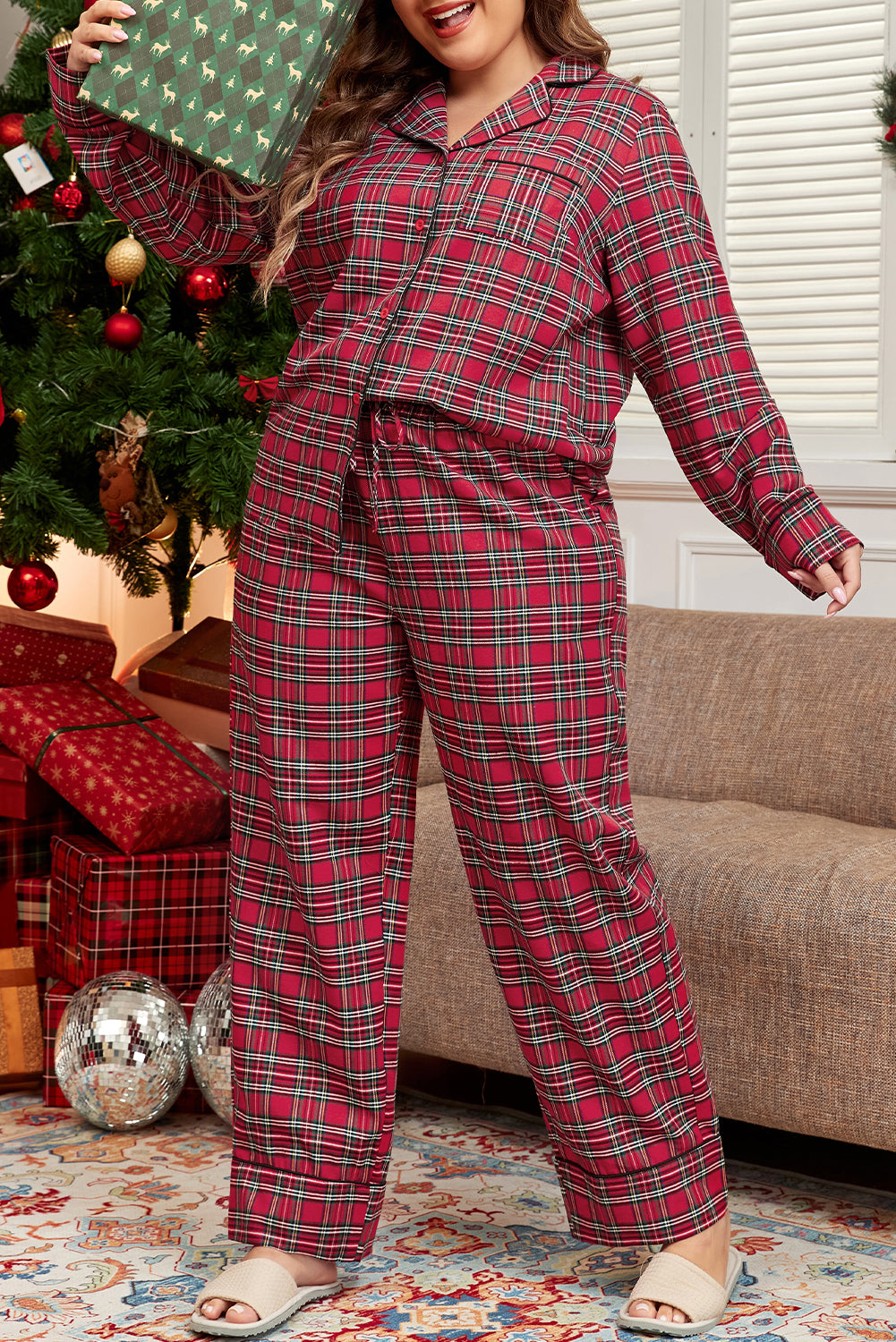 Red Plaid Print Shirt and Drawstring Pants Plus Size Pajama Set