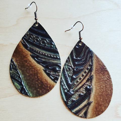 Genuine Leather Teardrop Earrings in Embossed Tan/Turquoise Feathers