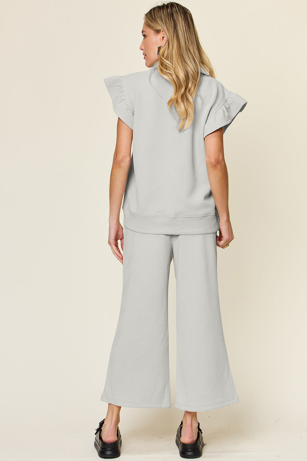 Our  Ruffle Short With Top and Drawstring Wide Leg Pant Set