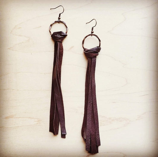 Leather Fringe Tassel Earrings in Dark Brown