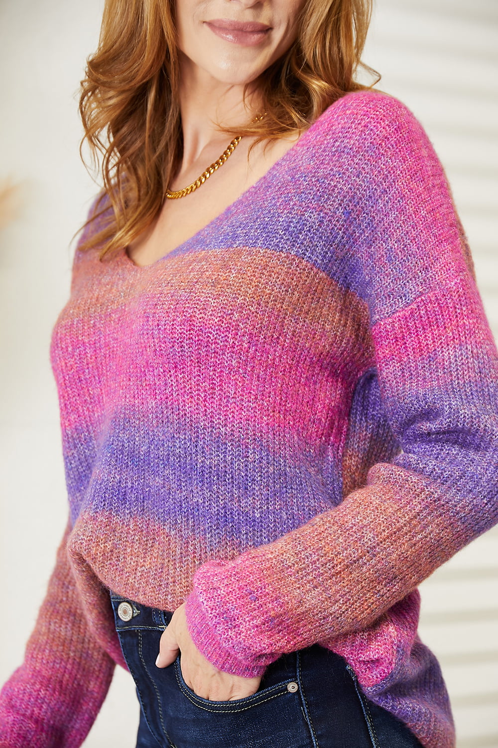 Embrace Your Bold Side With This Multicolored Rib-Knit V-Neck Knit Pullover - Bee Creek Apparel